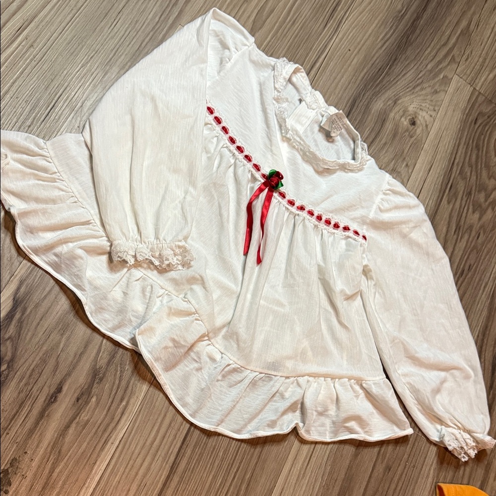 Vintage White Ruffled Top with Red Ribbon Detail made in USA 4T